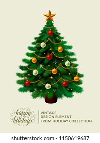 Vintage christmas tree with xmas decorations - ornaments, stars, garlands, snowflakes, lamps. Isolated. Merry Christmas and happy new year. Happy holidays text and logo. Vector illustration. EPS10