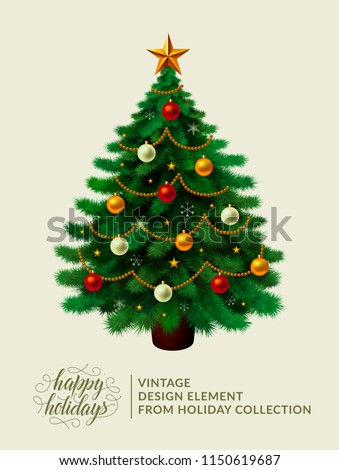 Vintage christmas tree with xmas decorations - ornaments, stars, garlands, snowflakes, lamps. Isolated. Merry Christmas and happy new year. Happy holidays text and logo. Vector illustration. EPS10