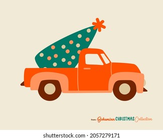 Vintage Christmas truck carrying decorated fir tree  Vector drawing isolated  