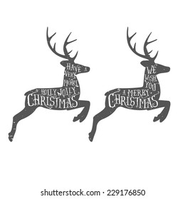 Vintage Christmas typographic greeting on a reindeer. Grunge effects are on separate layers.