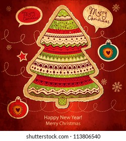 Vintage Christmas vector card with tree