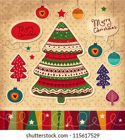 Vintage Christmas vector card with tree