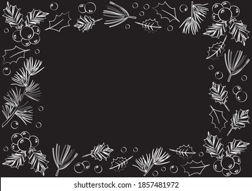Vintage Christmas vector frame, winter background. Holly berry, branches plants, leaves, holiday decoration. Nature illustration