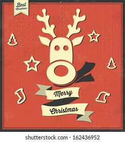 Vintage Christmas Vector Greeting Card / Retro Background Design / Reindeer Cartoon / Christmas Elements