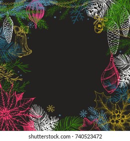 Vintage Christmas vector illustration. Frame with hand drawn toys, conifers, winter's flowers and cones.