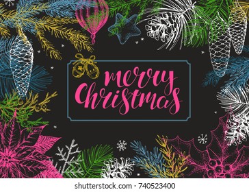 Vintage Christmas vector illustration. Handwritten calligraphic inscriptions Merry Christmas. Frame with hand drawn toys, conifers, winter's flowers and cones.