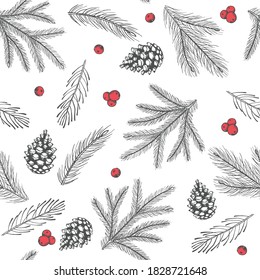 Vintage Christmas vector illustration. Seamless pattern with hand drawn winter s flowers and cones,xmas tree.