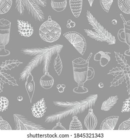 Vintage Christmas vector illustration. Seamless pattern with hand drawn cones,xmas tree, christmas ball.