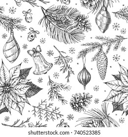 Vintage Christmas vector illustration.  Seamless pattern with hand drawn toys, conifers, winter's flowers and cones.