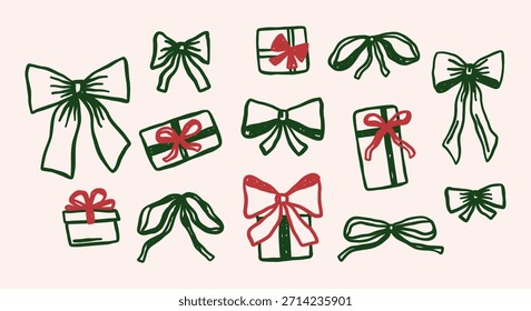 Vintage Weihnachten Vektorgrafiken gesetzt. Whimsical Coquette Bögen und Geschenkboxen Urlaub Clipart