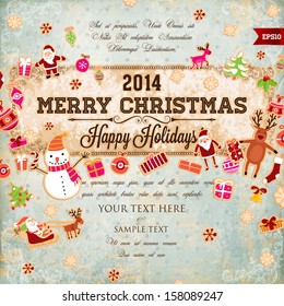 Vintage Christmas Vector with Retro Antique Frame and Set of Xmas Elements