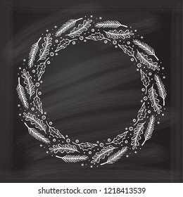 Vintage Christmas vector wreath frame with plants decoration. Holly, fir and mistletoe branches on a on a chalkboard background
