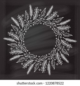 Vintage Christmas vector wreath frame with plants decoration. Holly, fir and mistletoe branches on a on a chalkboard background