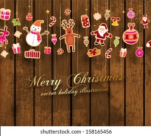 Vintage Christmas Vector with Xmas Paper Icons and Holiday Elements Set, Wooden Background