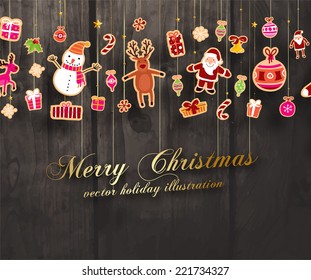 Vintage Christmas Vector with Xmas Paper Icons and Holiday Elements Set, Wooden Background