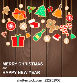 Vintage christmas vector with xmas paper icons and holiday elements set wooden background.