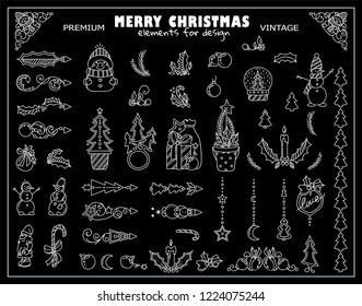 Vintage Christmas and winter holidays theme set of arrows, tiny illustrations, symbols, signs, chalkboard style, black and white colors