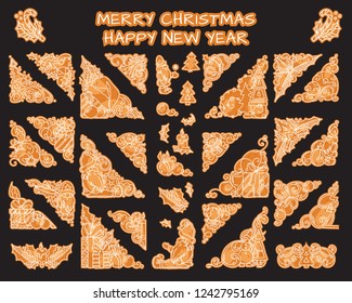 Vintage Christmas and winter holidays theme set of corners, tiny illustrations, triangles look like gingerbreads, cookies or biscuits with white icing. For black backgrounds  