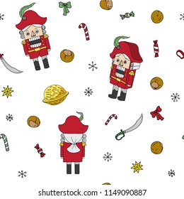 Vintage christmas wood toy Nutcracker seamless pattern color vector isolated