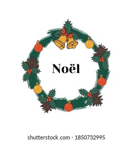 Vintage Christmas wreath with cones, balls and holly leaves. Isolated on white background. Stock vector illustration.