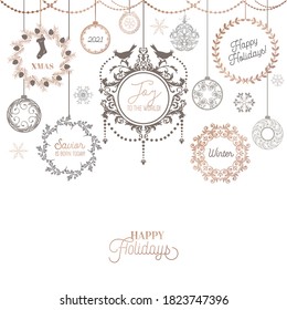 Vintage Christmas Wreath Design, Winter Holiday Calligraphic Card, Vector Page Typography Decoration, Ornate, Swirls, Filigree, Old Label Collection, Wedding frame