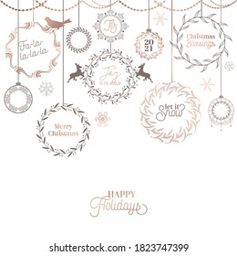 Vintage Christmas Wreath Design, Winter Holiday Calligraphic Card, Vector Page Typography Decoration, Ornate, Swirls, Filigree, Old Label Collection, Wedding frame