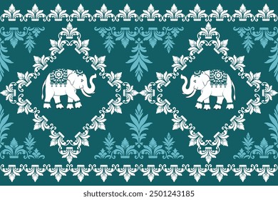 Vintage Christmas-themed illustration featuring a pattern of Christmas trees and a silhouette of an elephant among other animals,elephants pattern,traditional ethnic, fabric pattern for textiles, rugs