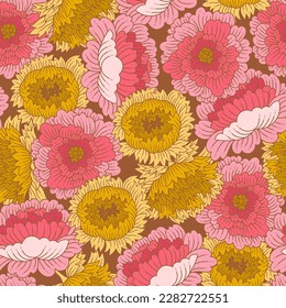 Vintage Chrysanthemum Overlapping Flowers in Pink and Yellow Vector Seamless Pattern