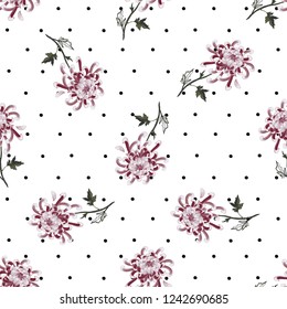 Vintage chrysanthemum polka dot pattern. Vector seamless background. Classic decoration on white backdrop. Pastel colored hand drawn illustration.