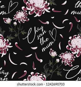 Vintage chrysanthemum seamless background. Elegant flowers and petals on black backdrop. Pastel colored hand drawn illustration.