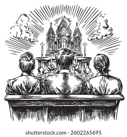Vintage church Easter service illustration with holiday motifs
