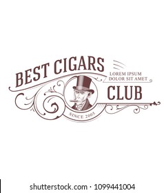 Vintage Cigar Club Logo. Monkey in Top Hat smoking Cigar