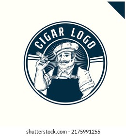 Vintage Cigar Logo Illustrated Template With Focus On Vintage Middle Class Worker Illustration Holding Cigar As Main Focus