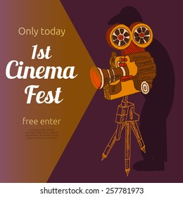 Vintage cinema 1st festival free entrance event billposter advertisement placard with old projector pictogram abstract vector illustration