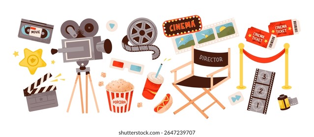 Elementos de cinema vintage, clapperboard, projetor, bobinas de filme e óculos 3D. Ilustração vetorial plana cinematográfica. Filme nostálgico.
