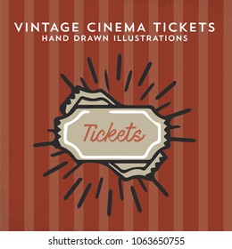 Vintage Cinema / Entertainment Tickets. Hand Drawn Retro Ticket Stubs.