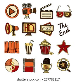 Vintage cinema filmmaking studio and movie theater color icons set with tape bobbin abstract isolated vector illustration