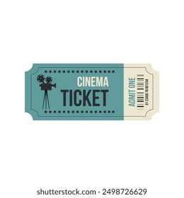 Plantilla de boleto azul claro del cine de Antiguas con el proyector negro de la película vieja. Admite un boleto retro. Diseño de Eventos de Entrada de Entradas