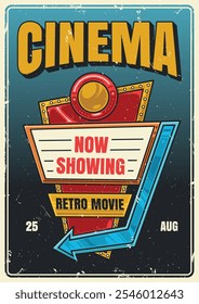 A vintage cinema marquee announces a retro movie featuring bright colors and bold lettering highlighting showtimes and emphasizing the fun of classic films.