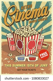 Vintage Cinema Poster With Popcorn Cola Glasses. Vector Illustration