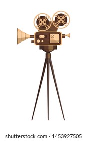 Vintage Cinema Projector On A Tripod On White Background. Detailed Retro Movie Projector In Gold Color For Backdrop, Banner, Flyer. Cinema Motion Picture Film Projector With Different Film Reels.