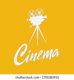 Vintage cinema projector on a tripod isolated on yellow background. Cinema festival poster template, tickets or banner. Silhouette movie projector with text. Movie time concept. Vector illustration.