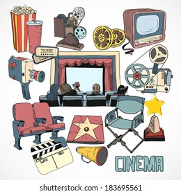Vintage cinema with retro movie reel projector screen and couple kissing concept poster hand drawn vector illustration