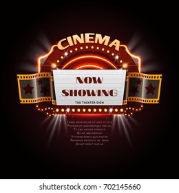 Vintage Cinema Sign. Glowing Movie Signboard With Lightbulb Frame Vector Illustration. Signboard Vintage Movie, Frame Decoration Billboard Cinema