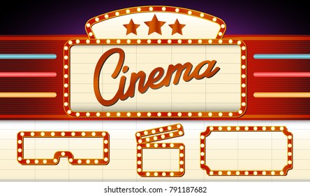 Vintage cinema sign. Signboard vintage movie, vector illustration.