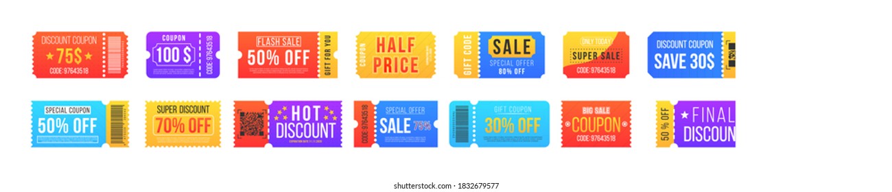 Vintage cinema ticket concert and festival event, movie theater coupon. Half price offer, promo code gift voucher and coupons template. Big sale and super sale coupon discount. Vector illustration.