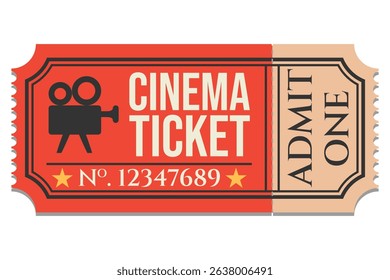 Vintage Cinema Ticket Vector Illustration with Admit One and Film Icon