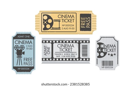 Vintage Cinema Tickets, Pass Coupon To Movie Theater. Paper Templates With Separation Line, Retro Admit Card