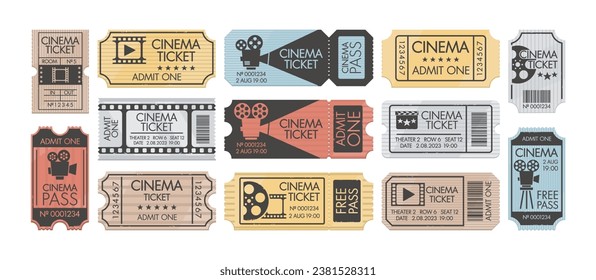 Entradas De Cine Vintage Con Cámara Retro Y Línea De Separación. Pasar Cupón Al Cine, Plantilla De Papel