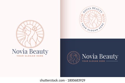 Vintage Circle Badge Line Art Floral Women Logo Design